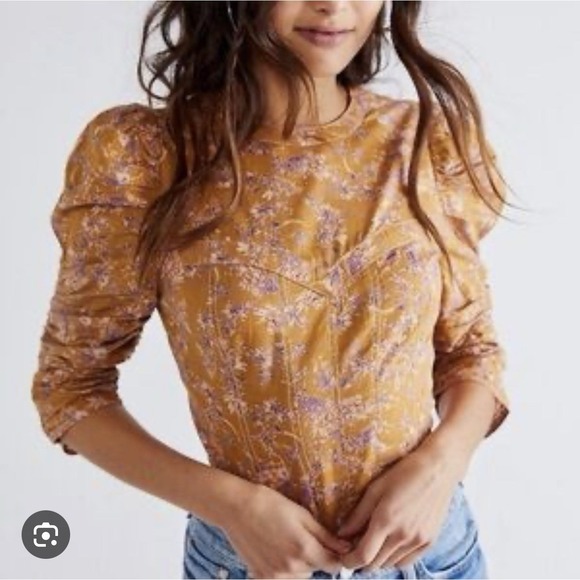 Free People Boho Floral Puff Sleeve Open Back Crop Top Mustard Purple Sz S - Picture 1 of 12
